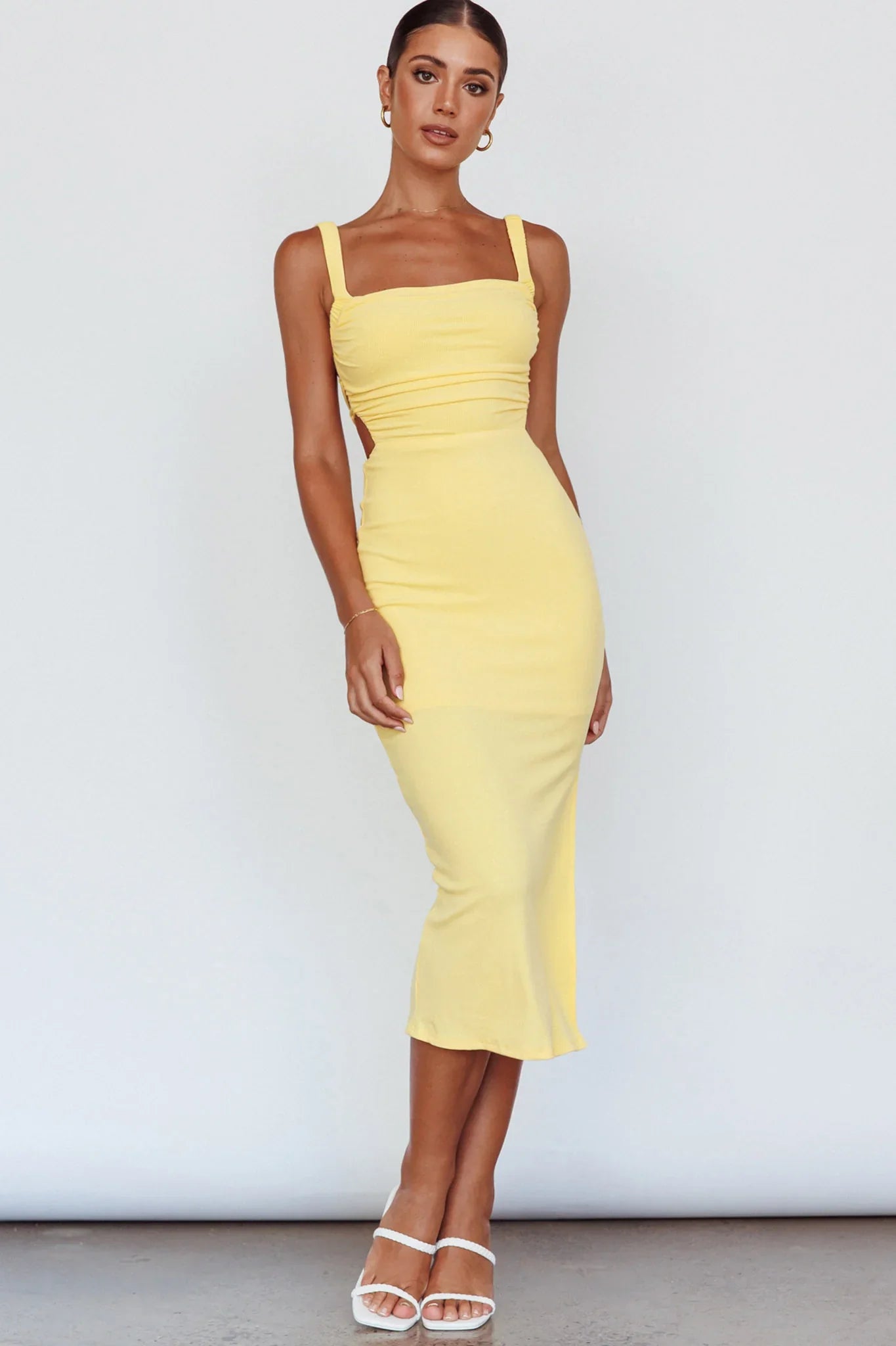 Dream Crush Lace-Up Back Side Split Midi Dress Yellow