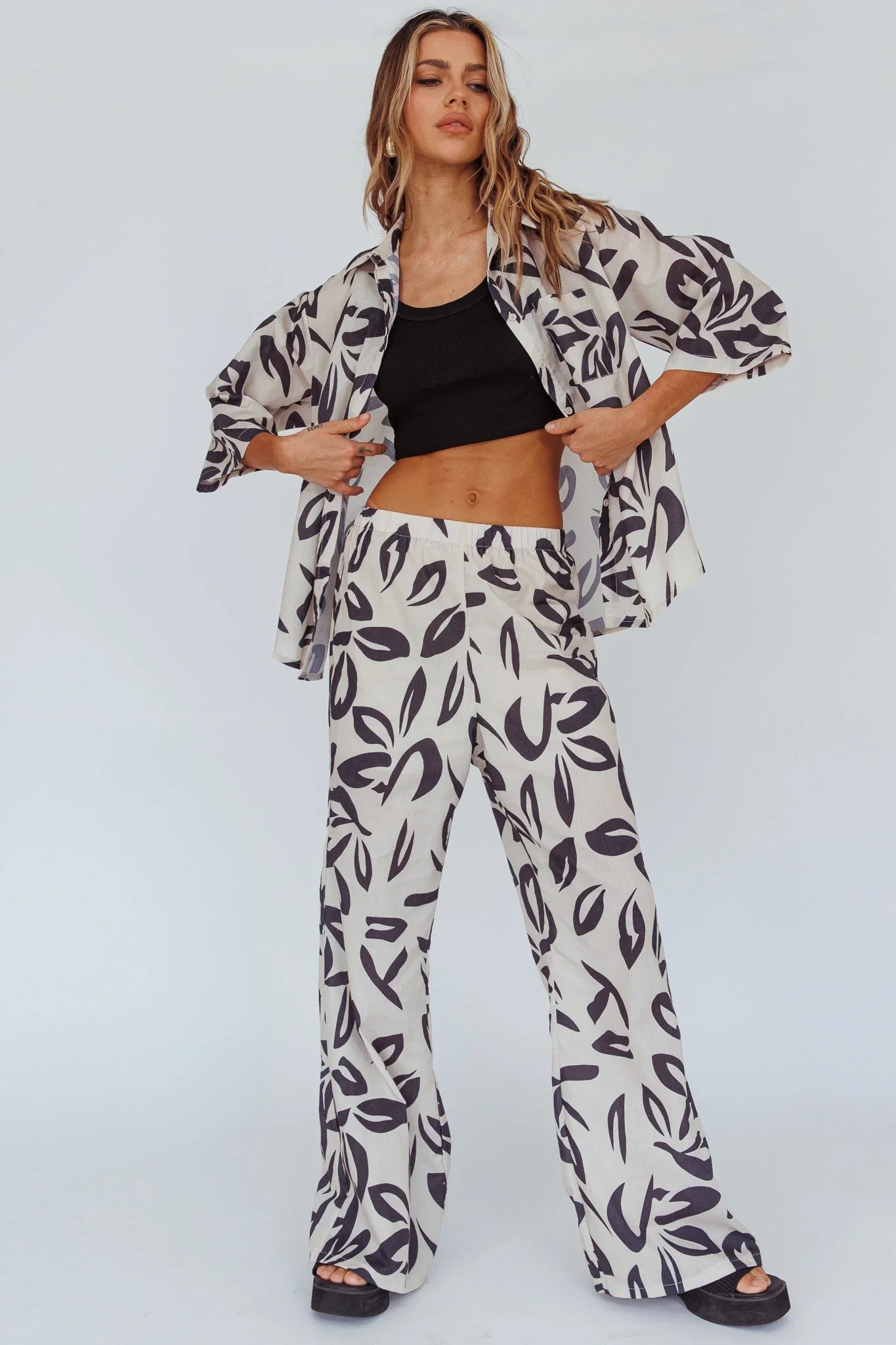 Just A Hunch Button Shirt Leaf Print Beige