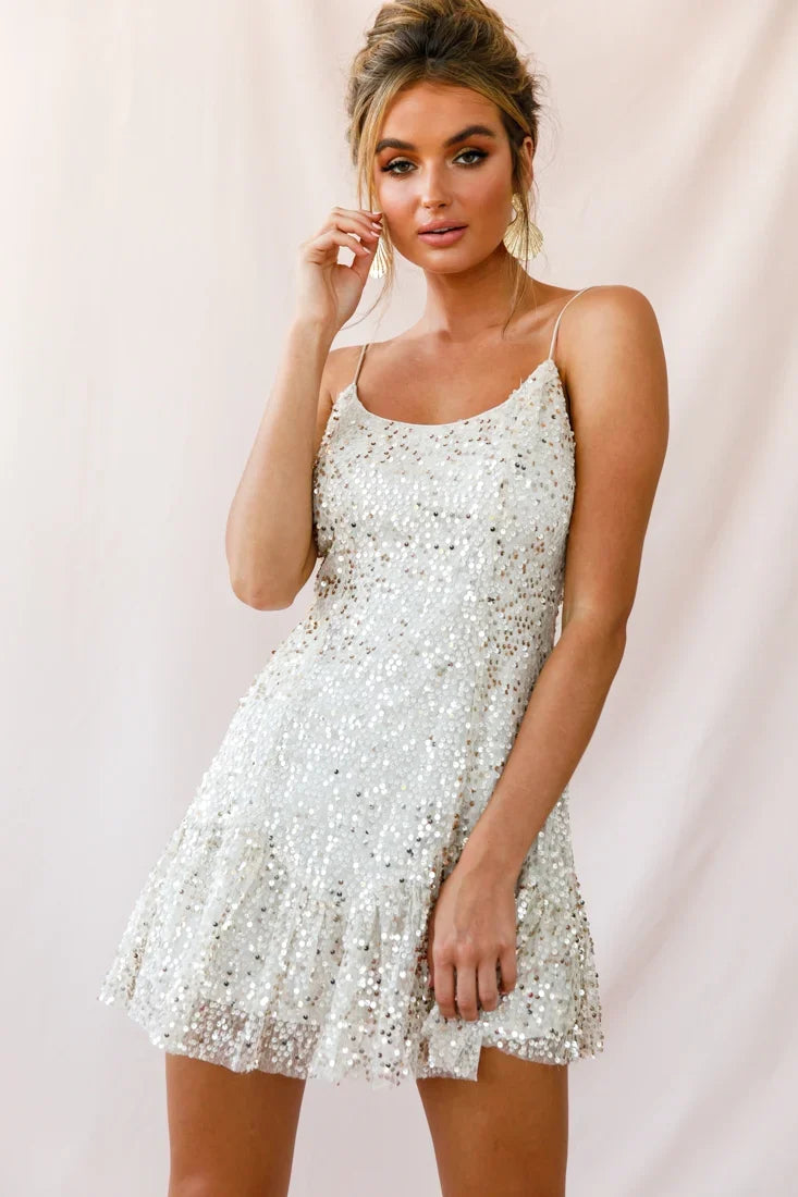 Shine Spaghetti Strap Sequin Mini Dress Champagne
