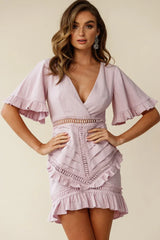 Walk This Way Short Sleeve Ruffle Detail Dress Blush