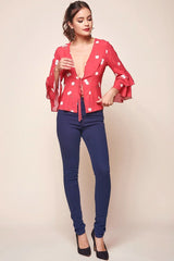 Robbi Cherry on Top Deep V Bell Sleeved Top Red