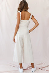 Kaia Ruffle Strap Wide-Leg Capri Jumpsuit Beige