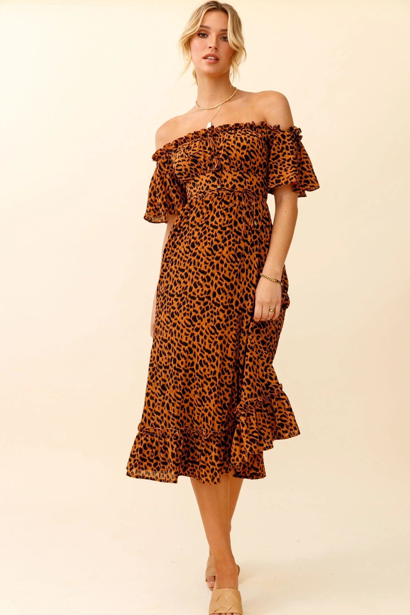 Voyager Off-Shoulder Bell Sleeve Midi Dress Leopard Print Brown