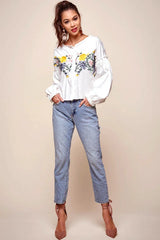 Olivia Floral Embroidered Cinched Wrist Shirt White