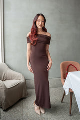 Cruising Sunset Off Shoulder Dress Chocolate
