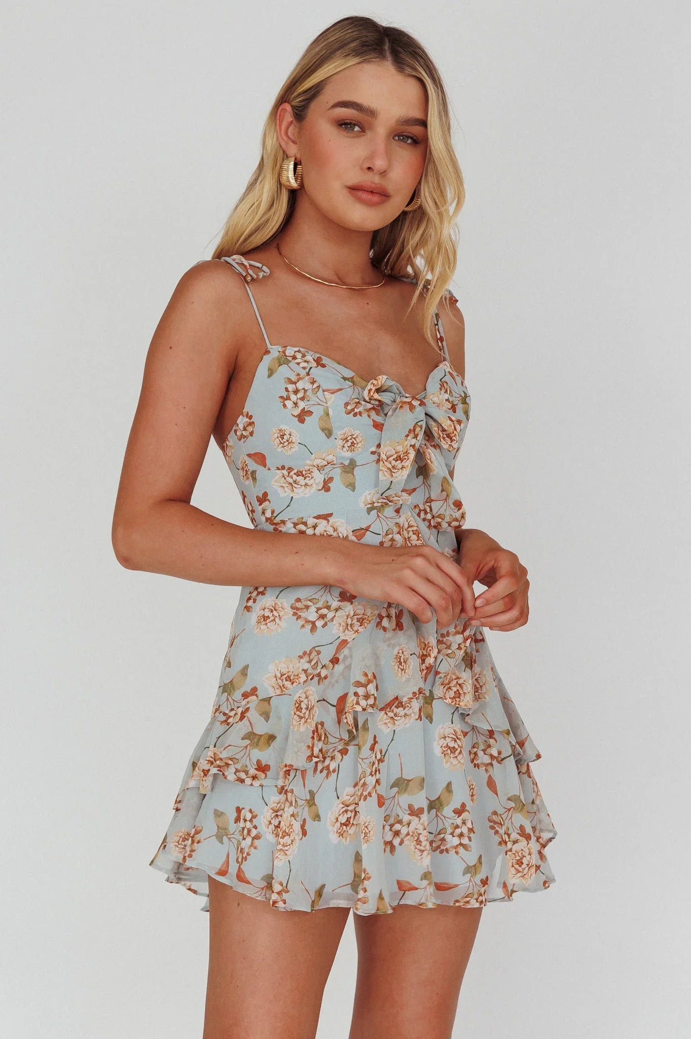 Flower Child Bust Tie Ruffle Trim Dress Roses Blue