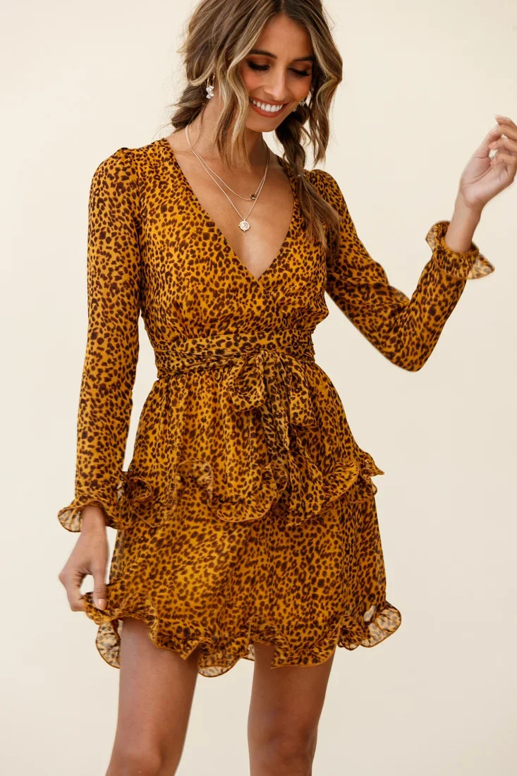 Greta Tiered Ruffle Chiffon Dress Animal Print Mustard