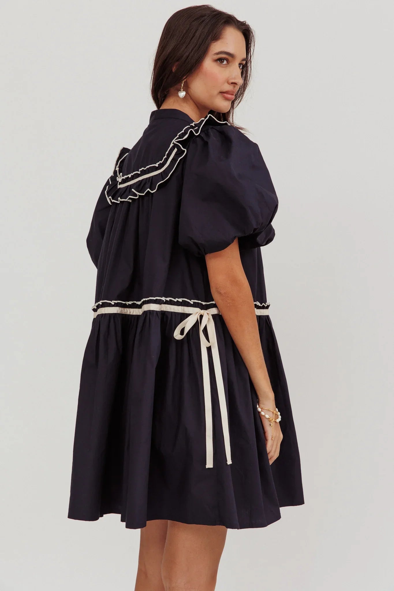 Late Spring Puff Sleeves Ruffle Mini Dress Navy