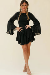 Carlini Flared Sleeve Boat Neckline Dress Black