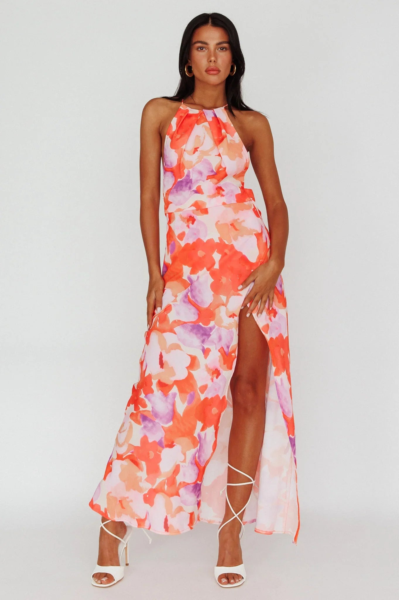 Val Cowl Back Maxi Dress Floral Orange