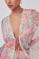 Sincerity Long Sleeve Tie Front Top Print Blue