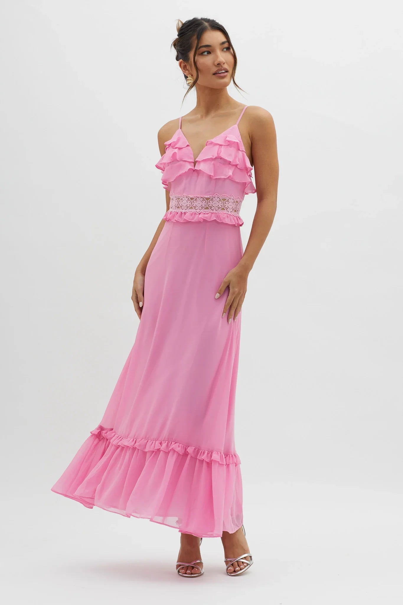 Spirited Ruffle Bust Maxi Dress Pink