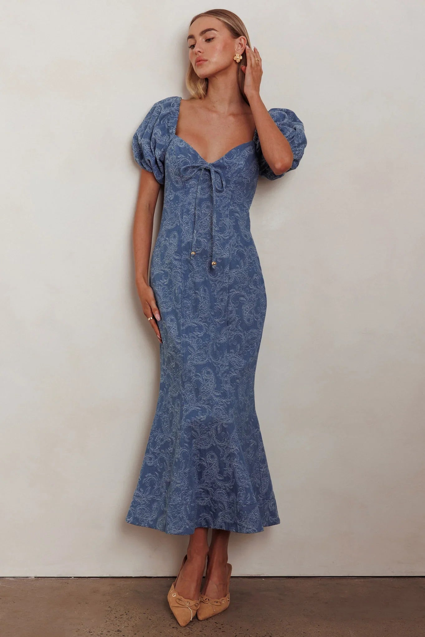 Feeling Electric Puff Sleeves Mermaid Maxi Dress Denim Blue