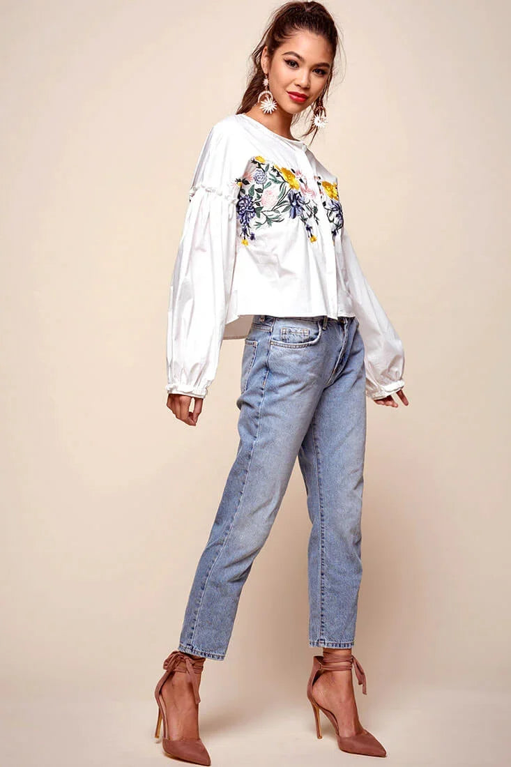 Olivia Floral Embroidered Cinched Wrist Shirt White