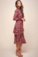 Jackson Waist Tie Bell Sleeve Dress Red Wine