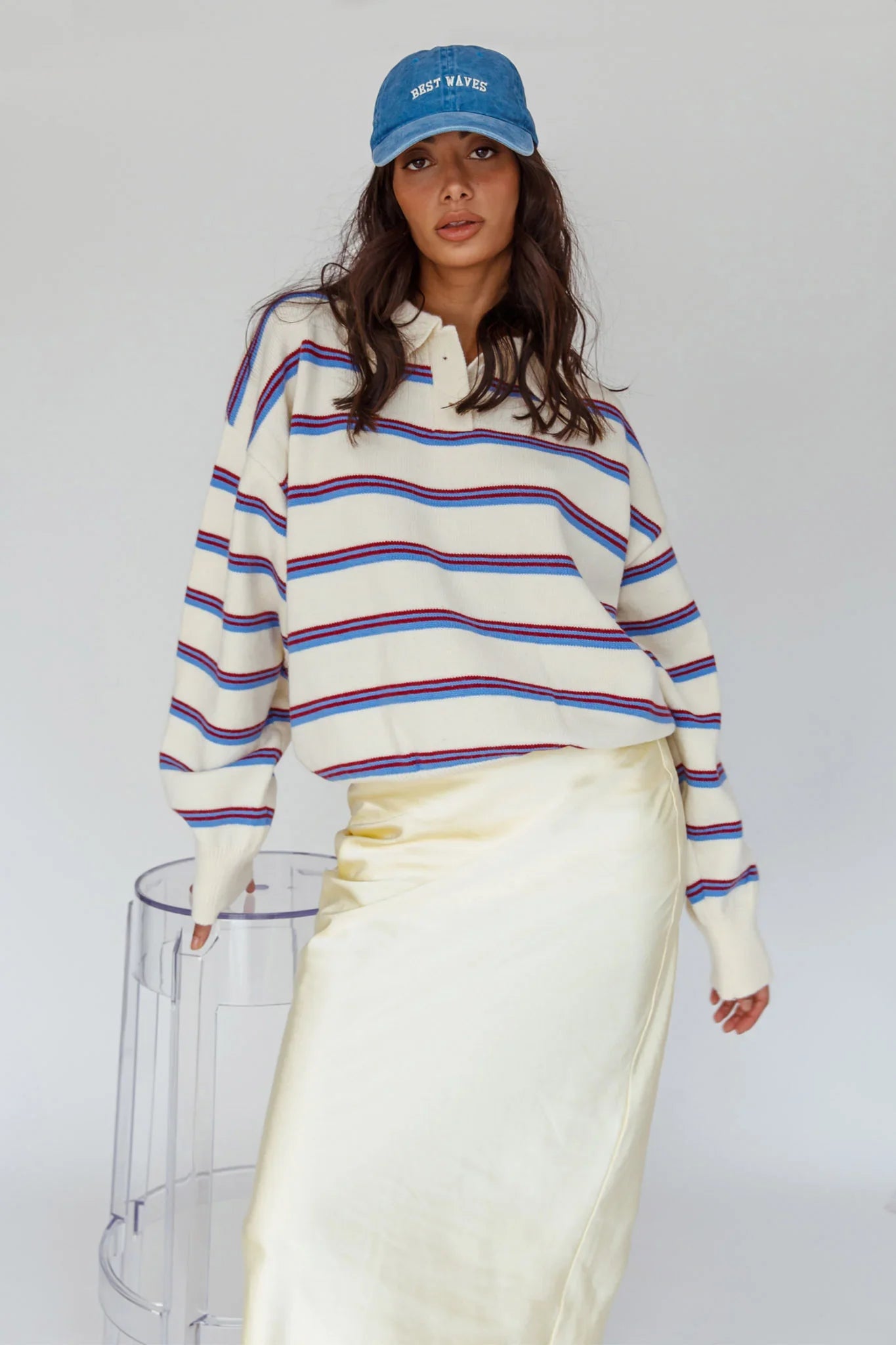 Boston Collared Knit Sweater Striped White