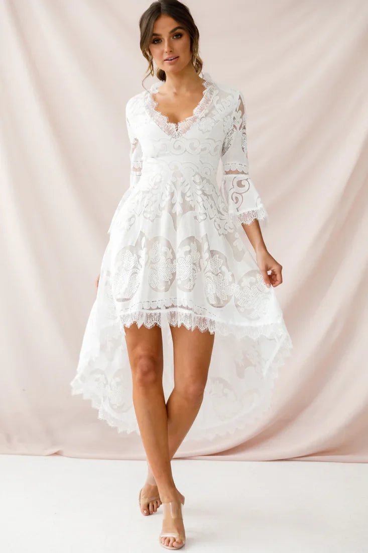 Chantilly High-Low Bell Sleeve Dress White