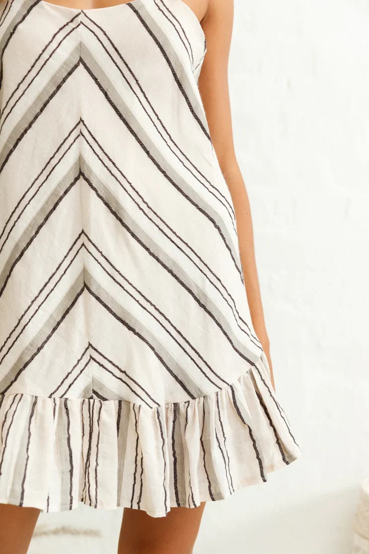 Beni Cami Strap Shift Dress Diagonal Pattern Beige