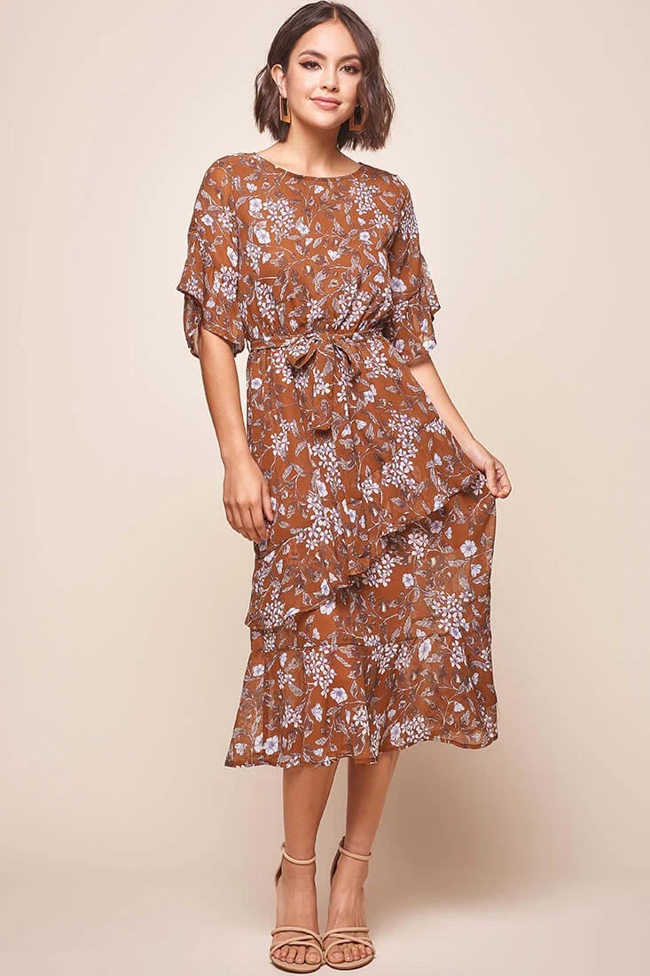 Jackson Waist Tie Ruffle Dress Rust Print