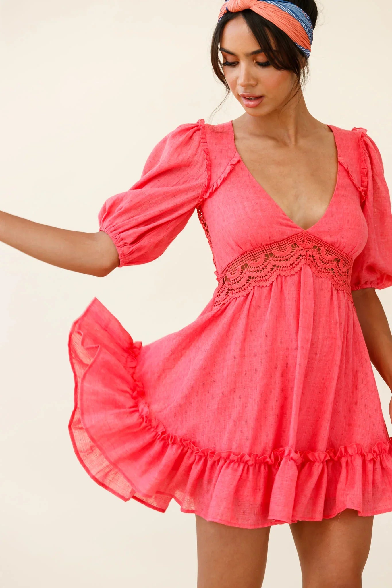 Everleigh Milkmaid Sleeve Exposed Back Dress Coral