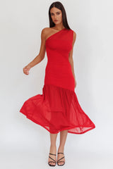Passion One-Shoulder Mesh Maxi Dress Red