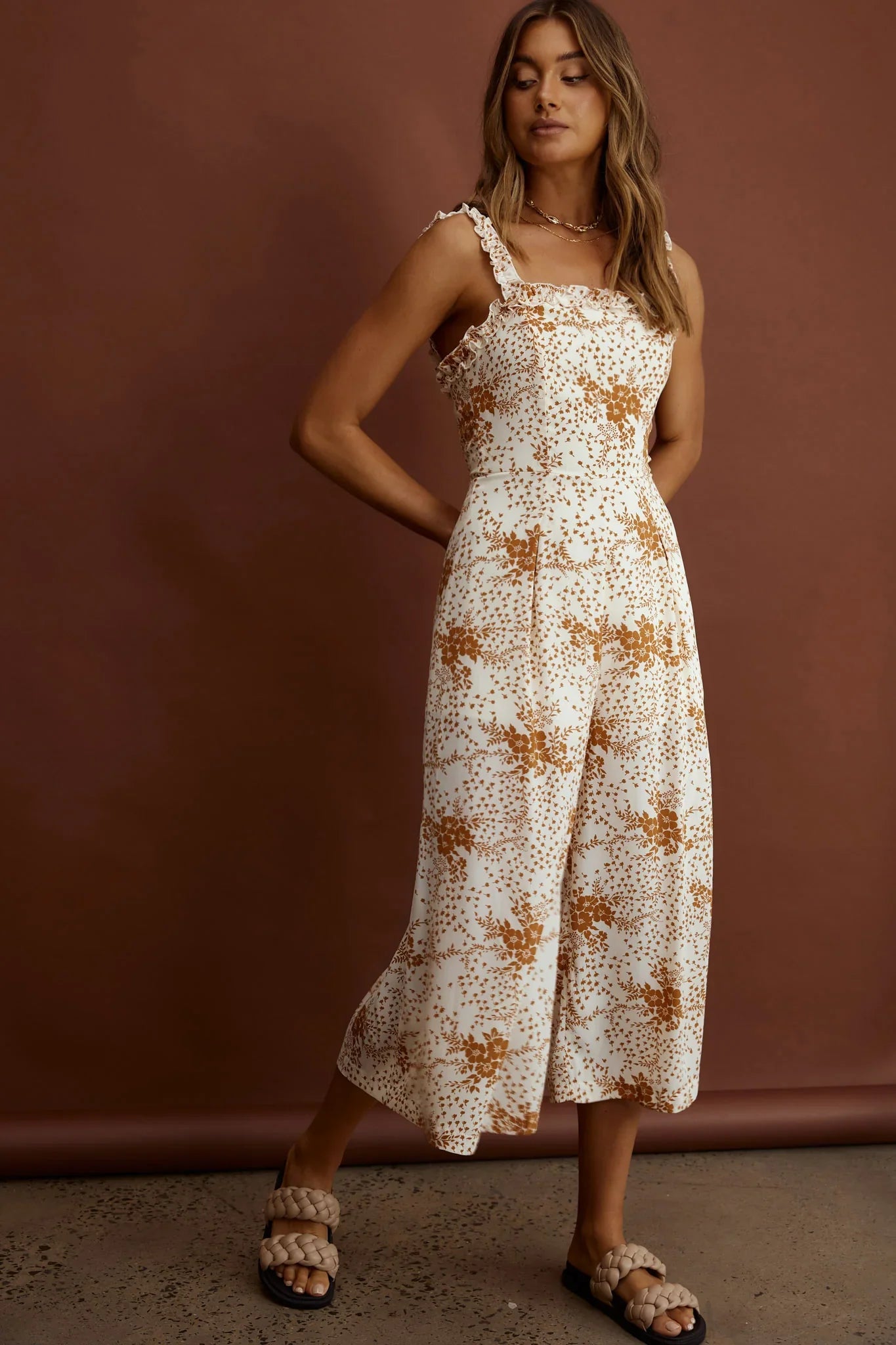 Magdalene Frill Strap Midi Jumpsuit Vintage Floral Tan