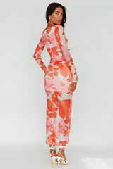 Chardae Long Sleeve Mesh Midi Dress Floral Pink