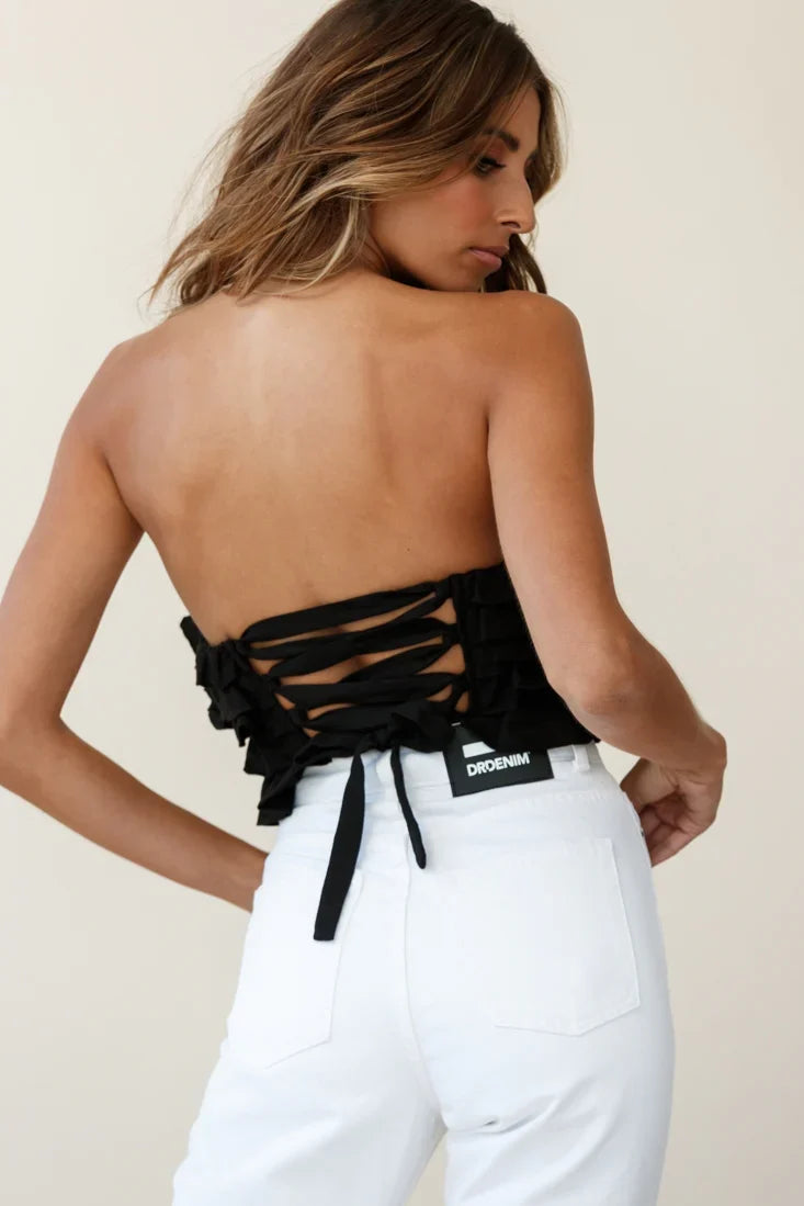 Talulah Layered Ruffle Lace-Up Back Crop Top Black