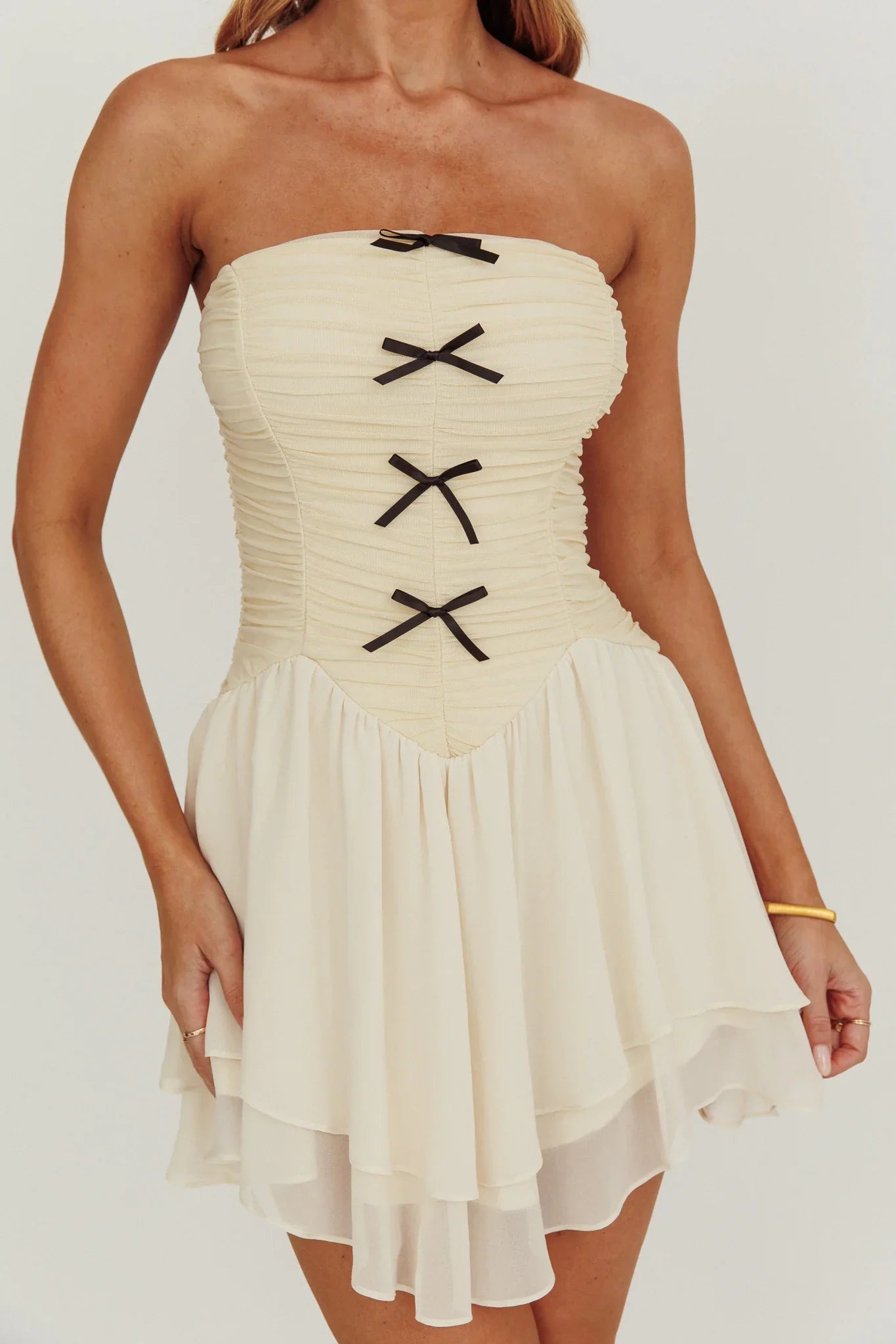 Cherry Lips Strapless Chiffon Mini Dress Cream