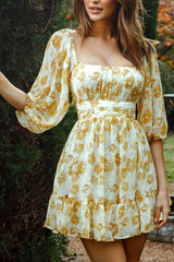 Abby Off-Shoulder Tie-Up Back Dress Floral Print Yellow