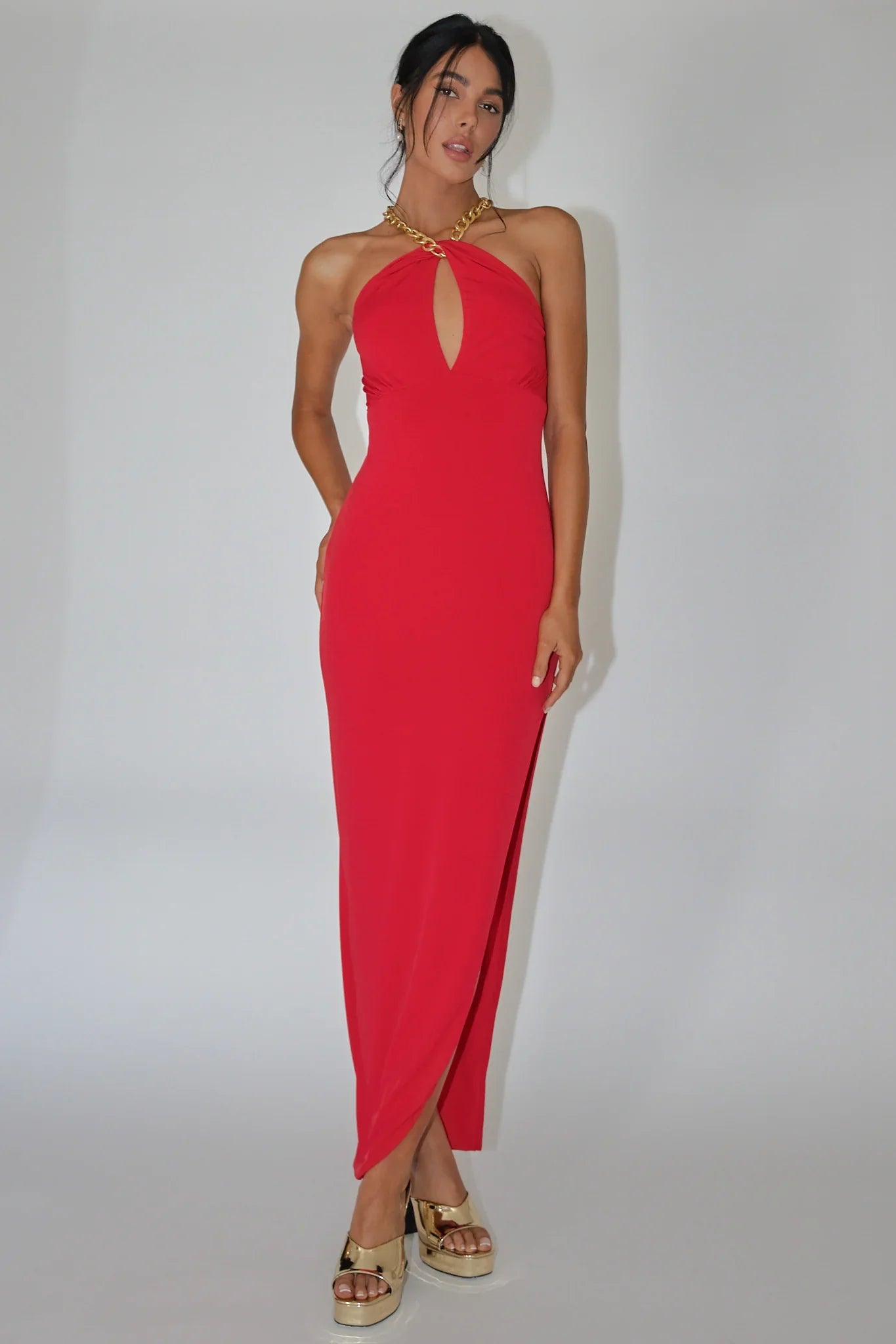 Slow Dance Chain Halter Midi Dress Red