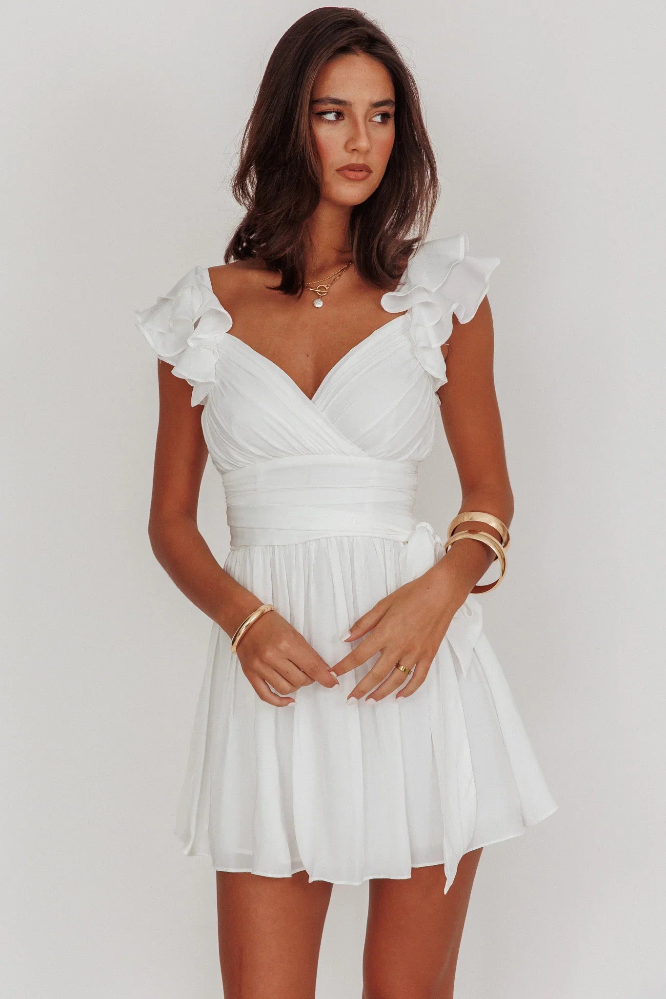 Lola Ruffle Shoulder Ruched Dress White