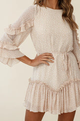 Yours Sincerely Three-Quarter Sleeve Accordion Pleat Dress Spot Print Nude
