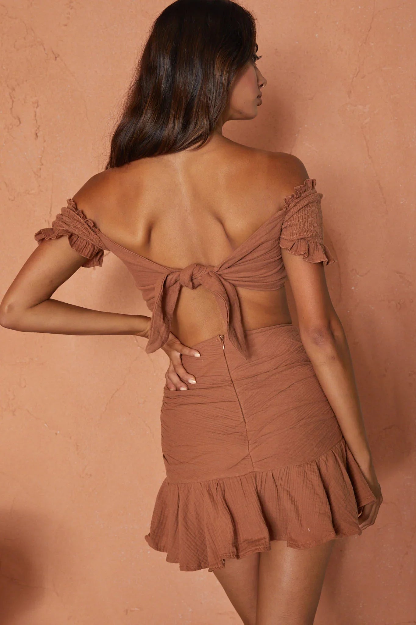 Rise And Shine Shirred Bodice Tied Back Crop Top Latte