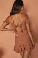 Rise And Shine Shirred Bodice Tied Back Crop Top Latte