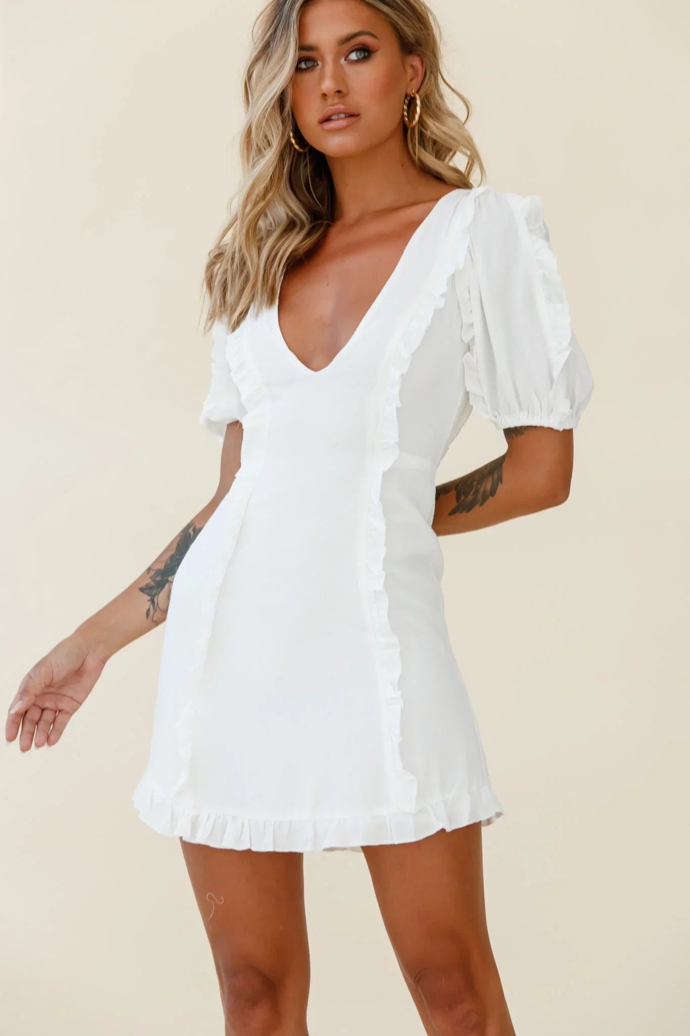 Maisy Puff Sleeve Frill Trim Dress White