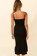 Serenade Me Square Neckline Side Split Midi Dress Black