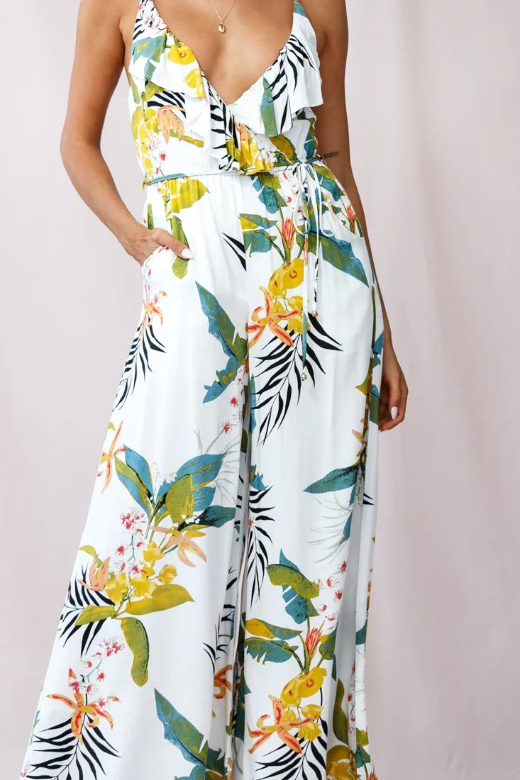 Melita Ruffle V-Neckline Jumpsuit Tropical Print White
