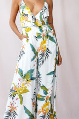 Melita Ruffle V-Neckline Jumpsuit Tropical Print White