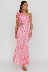 Deanna One-Shoulder Ruffle Midi Dress Floral Pink