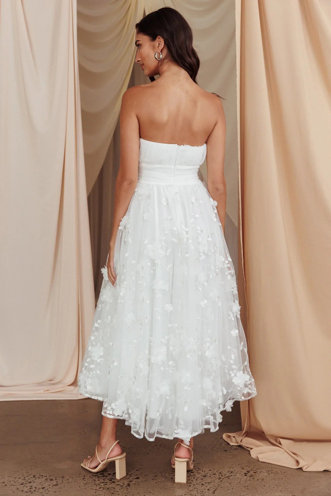 Fayette Strapless Mesh Midi Dress Embellished White