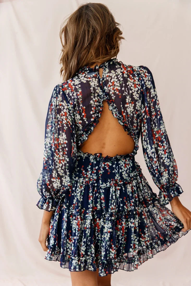 Laney Cutout Back Ruffle Detail Floral Dress Navy