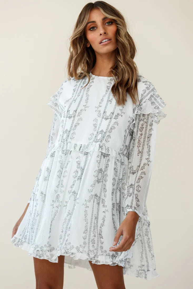 Marion Long Sleeve Shift Dress Vintage Floral Print White