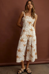 Magdalene Frill Strap Midi Jumpsuit Vintage Floral Tan