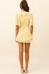 Mona Lisa Angel Sleeve Ruffle Trim Dress Floral Print Yellow