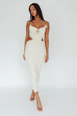 Rue Rose Accent Ribbed Knit Midi Dress Beige