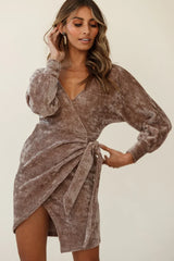 Isolde Ribbed Velour Wrap Dress Taupe