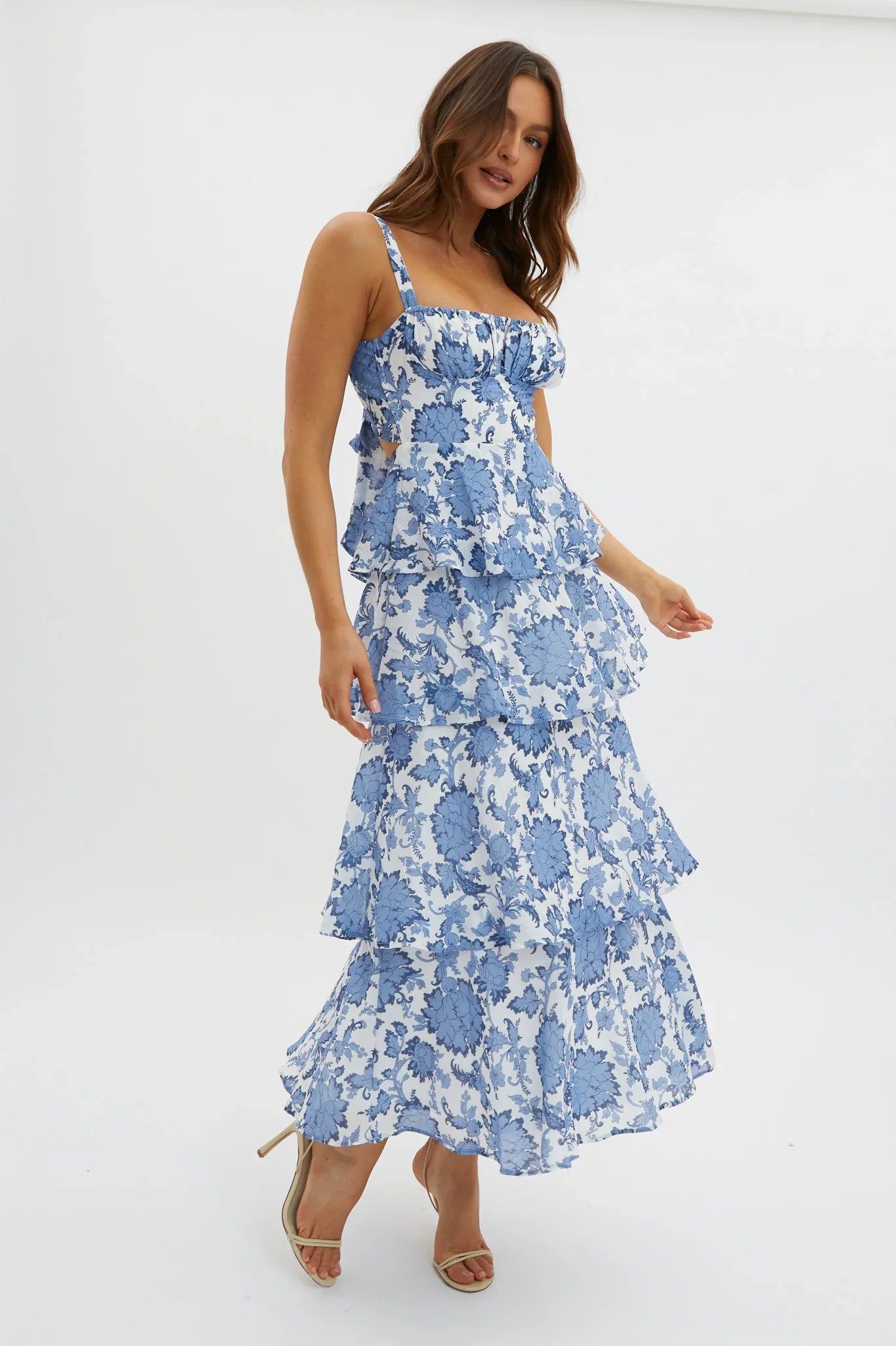 Provence Bloom Tiered Maxi Dress Floral Blue