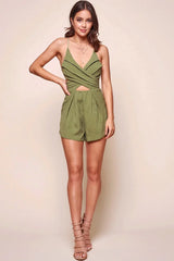 Jenner Thin Strap Cross Over Party Romper Olive