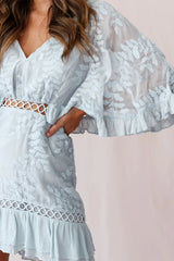 Caspar Leafy Embroidered Dress Baby Blue